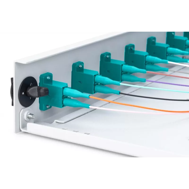 DIGITUS Fiber Optic Sliding Splice Box, 1U, wyposażona 12x LC duplex, zawiera śrubę M 25, kaseta spawów OM3 kolorowe pigtaile, adapter