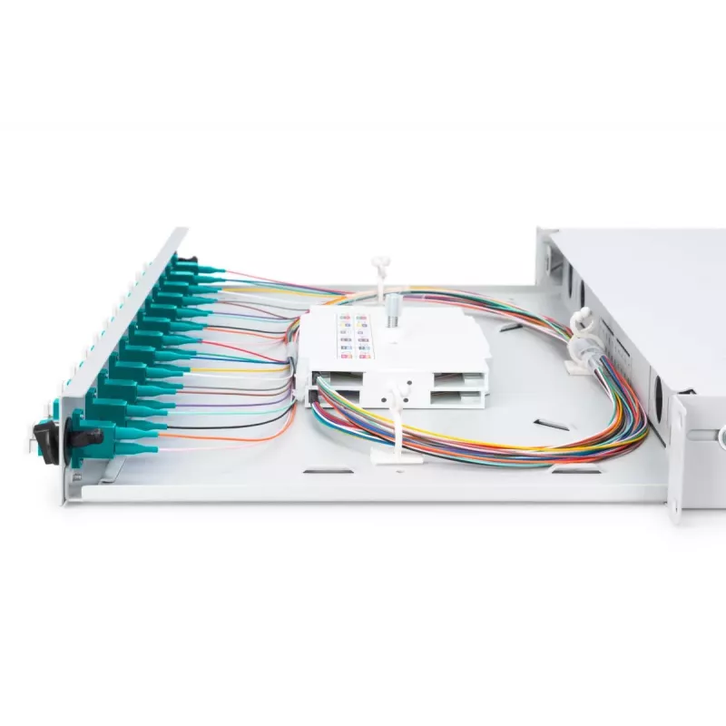 DIGITUS Fiber Optic Sliding Splice Box, 1U, wyposażona 12x LC duplex, zawiera śrubę M 25, kaseta spawów OM3 kolorowe pigtaile, adapter