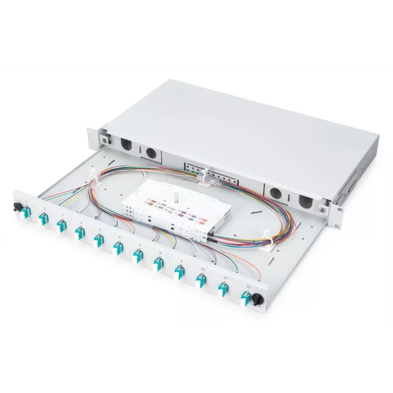 DIGITUS Fiber Optic Sliding Splice Box, 1U, wyposażona 12x LC duplex, zawiera śrubę M 25, kaseta spawów OM3 kolorowe pigtaile, adapter