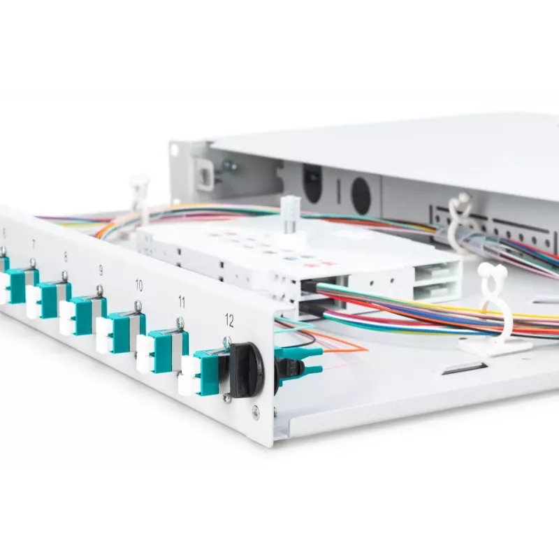 DIGITUS Fiber Optic Sliding Splice Box, 1U, wyposażona 12x LC duplex, zawiera śrubę M 25, kaseta spawów OM3 kolorowe pigtaile, adapter