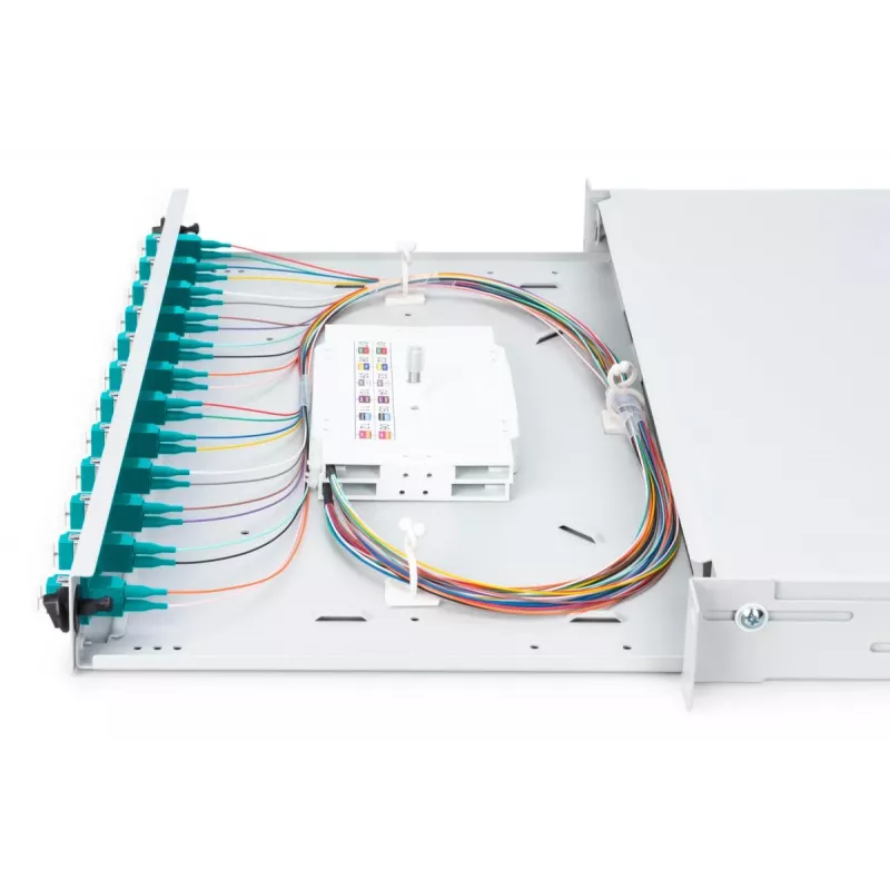 DIGITUS Fiber Optic Sliding Splice Box, 1U, wyposażona 12x LC duplex, zawiera śrubę M 25, kaseta spawów OM3 kolorowe pigtaile, adapter