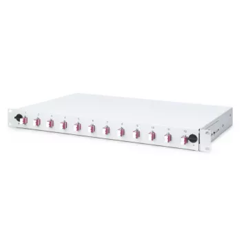 Światłowodowy panel połączeniowy wysuwany DIGITUS, 1U, wyposażony 12x LC duplex, w zestawie śruba M 25, kaseta splicerska, kolorowe pigtaile OM4, adapter