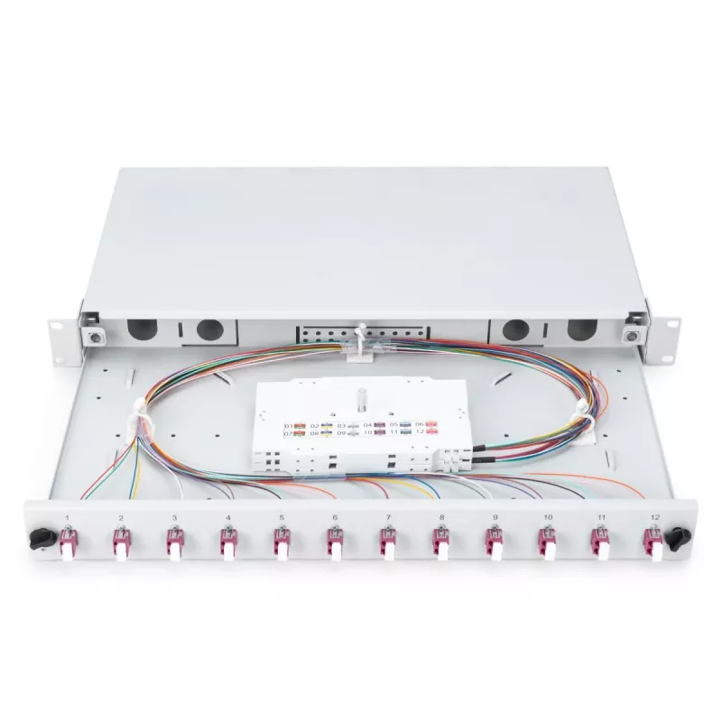 Światłowodowy panel połączeniowy wysuwany DIGITUS, 1U, wyposażony 12x LC duplex, w zestawie śruba M 25, kaseta splicerska, kolorowe pigtaile OM4, adapter