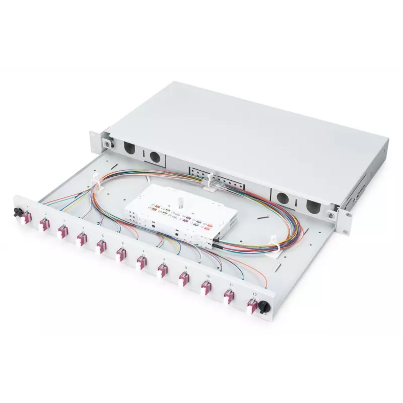 Światłowodowy panel połączeniowy wysuwany DIGITUS, 1U, wyposażony 12x LC duplex, w zestawie śruba M 25, kaseta splicerska, kolorowe pigtaile OM4, adapter