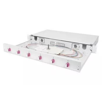 DIGITUS Fiber Optic Sliding Splice Box, 1U, Equipment 6x LC duplex, incl. M 25 Screw, Splice Cassette OM4 Color Pigtails, Adapter