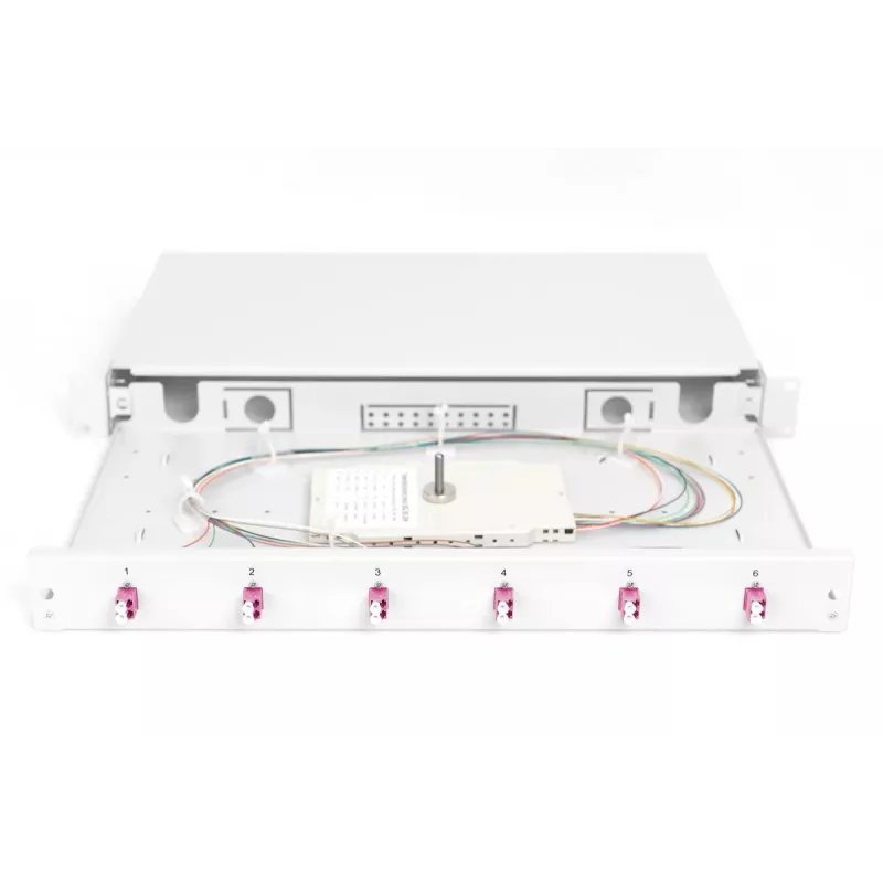 DIGITUS Fiber Optic Sliding Splice Box, 1U, Equipment 6x LC duplex, incl. M 25 Screw, Splice Cassette OM4 Color Pigtails, Adapter