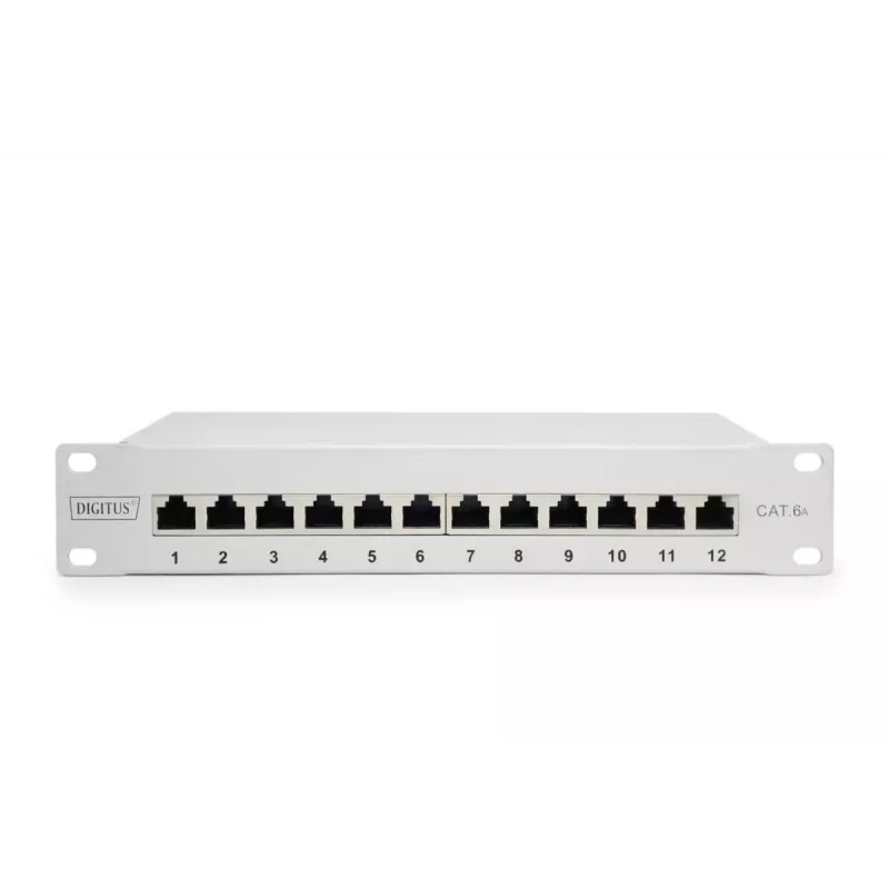 Panel krosowy DIGITUS CAT6A, ekranowany, 12 portów z polem etykiet, 1U, montaż w szafie 10 inch, szary RAL 7035