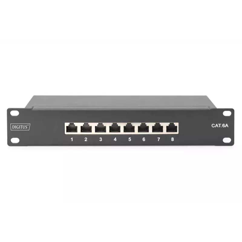 Panel krosowy DIGITUS CAT6A ekranowany, 8-portowy 1U, montaż w szafie 10 inch, czarny RAL 9005
