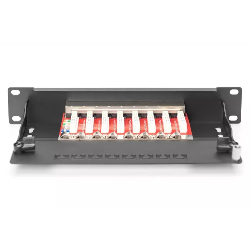 Panel krosowy DIGITUS CAT6A ekranowany, 8-portowy 1U, montaż w szafie 10 inch, czarny RAL 9005