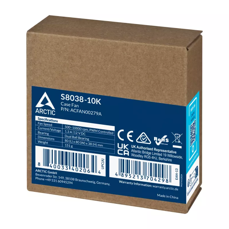 ARCTIC S8038-10K - 80 mm Wentylator serwerowy, Wentylator, 8 cm, 173.3 m³/h, Czarny