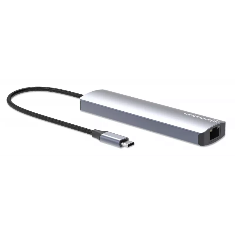 Manhattan USB-C Dock/Hub z czytnikiem kart, Porty (x5): Ethernet, HDMI, USB-A (x2) i USB-C, z Power Delivery (PD) 100 W - wymaga zewnętrznej ładowarki USB-C (nie dołączona). Zasilany przez USB (nie wymaga zewnętrznego zasilacza), gdy PD nie jest używane