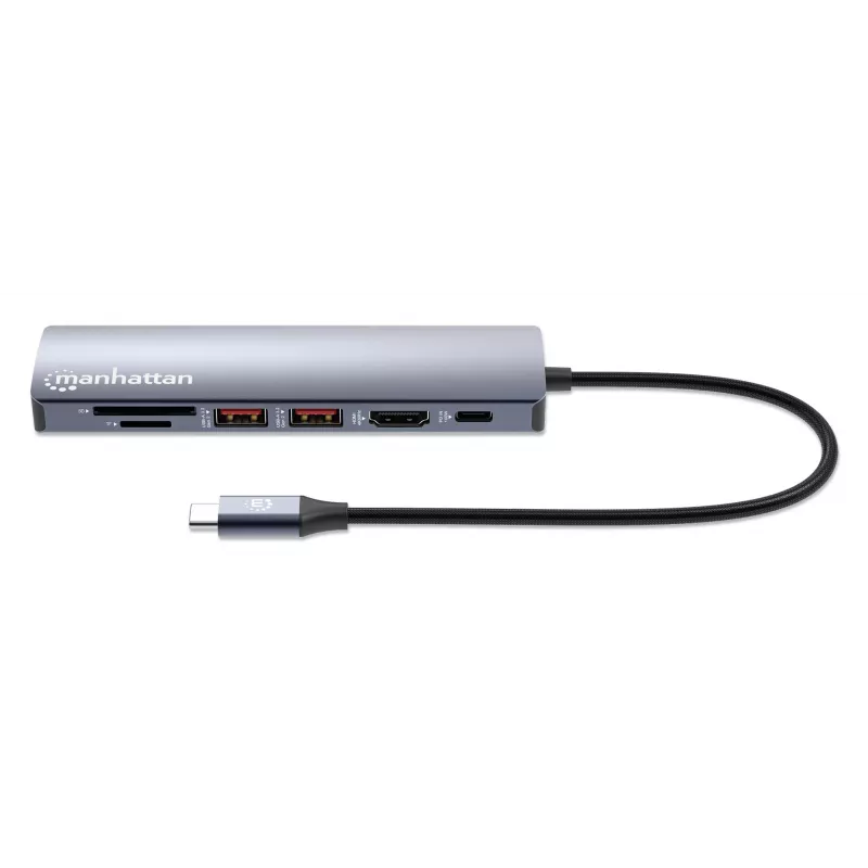 Manhattan USB-C Dock/Hub z czytnikiem kart, Porty (x5): Ethernet, HDMI, USB-A (x2) i USB-C, z Power Delivery (PD) 100 W - wymaga zewnętrznej ładowarki USB-C (nie dołączona). Zasilany przez USB (nie wymaga zewnętrznego zasilacza), gdy PD nie jest używane