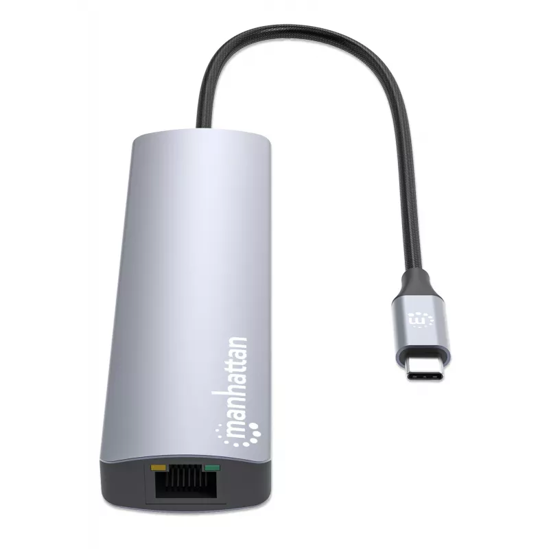 Manhattan USB-C Dock/Hub z czytnikiem kart, Porty (x5): Ethernet, HDMI, USB-A (x2) i USB-C, z Power Delivery (PD) 100 W - wymaga zewnętrznej ładowarki USB-C (nie dołączona). Zasilany przez USB (nie wymaga zewnętrznego zasilacza), gdy PD nie jest używane