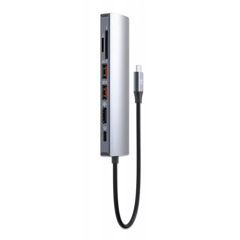 Manhattan USB-C Dock/Hub z czytnikiem kart, Porty (x5): Ethernet, HDMI, USB-A (x2) i USB-C, z Power Delivery (PD) 100 W - wymaga zewnętrznej ładowarki USB-C (nie dołączona). Zasilany przez USB (nie wymaga zewnętrznego zasilacza), gdy PD nie jest używane