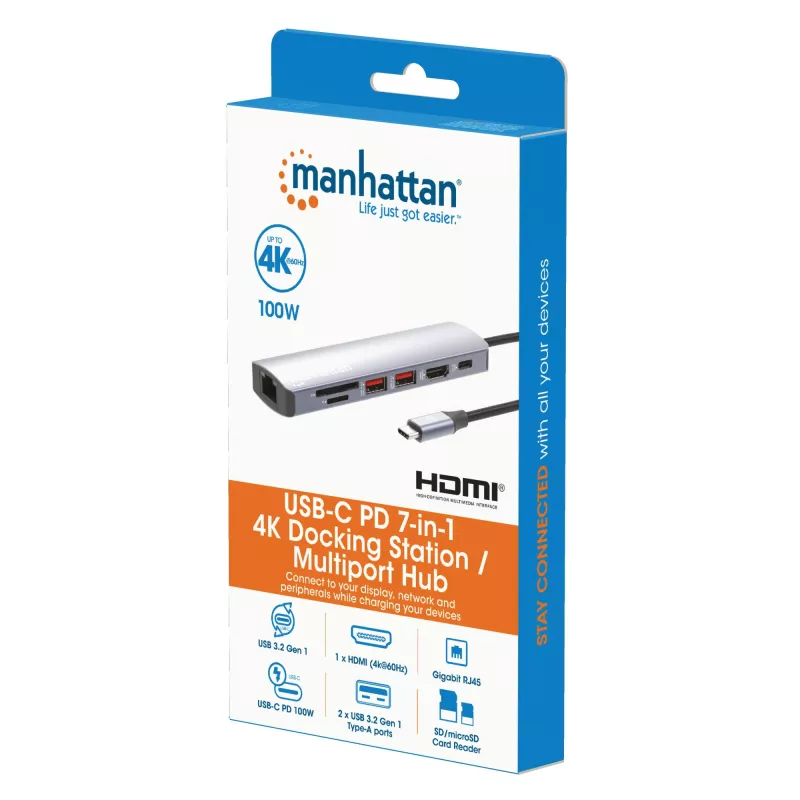 Manhattan USB-C Dock/Hub z czytnikiem kart, Porty (x5): Ethernet, HDMI, USB-A (x2) i USB-C, z Power Delivery (PD) 100 W - wymaga zewnętrznej ładowarki USB-C (nie dołączona). Zasilany przez USB (nie wymaga zewnętrznego zasilacza), gdy PD nie jest używane