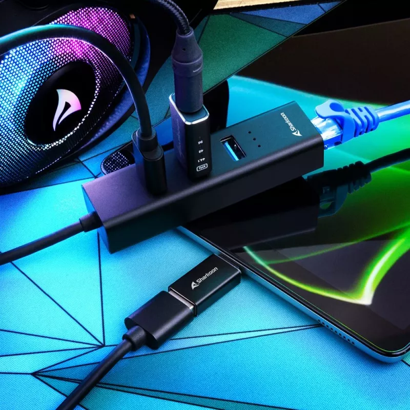 SHARKOON USB Hub - 3-port USB 3.2 Gen 1 Alu + Ethernet Czarny