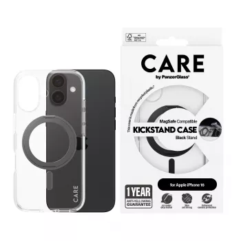 PanzerGlass CARE™ by ® etui transparentne z czarną podstawką i MagSafe iPhone 16