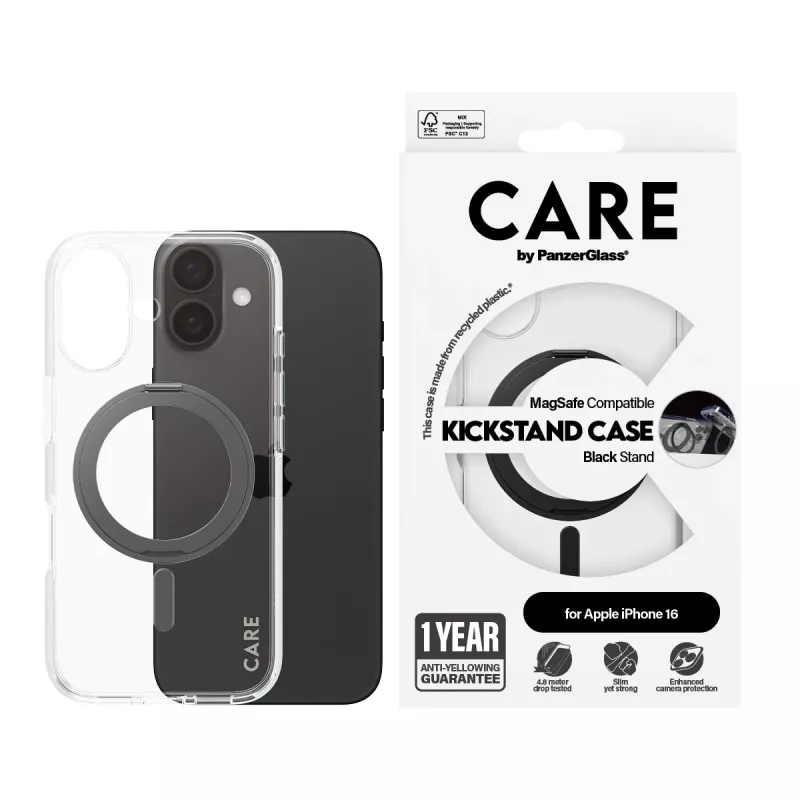 PanzerGlass CARE™ by ® etui transparentne z czarną podstawką i MagSafe iPhone 16