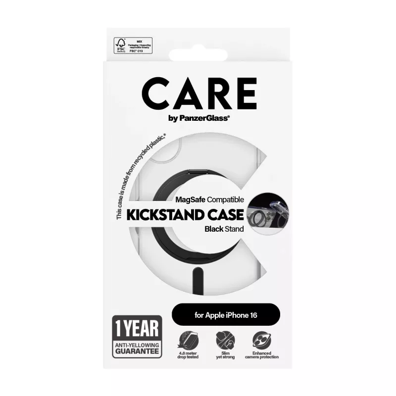 PanzerGlass CARE™ by ® etui transparentne z czarną podstawką i MagSafe iPhone 16
