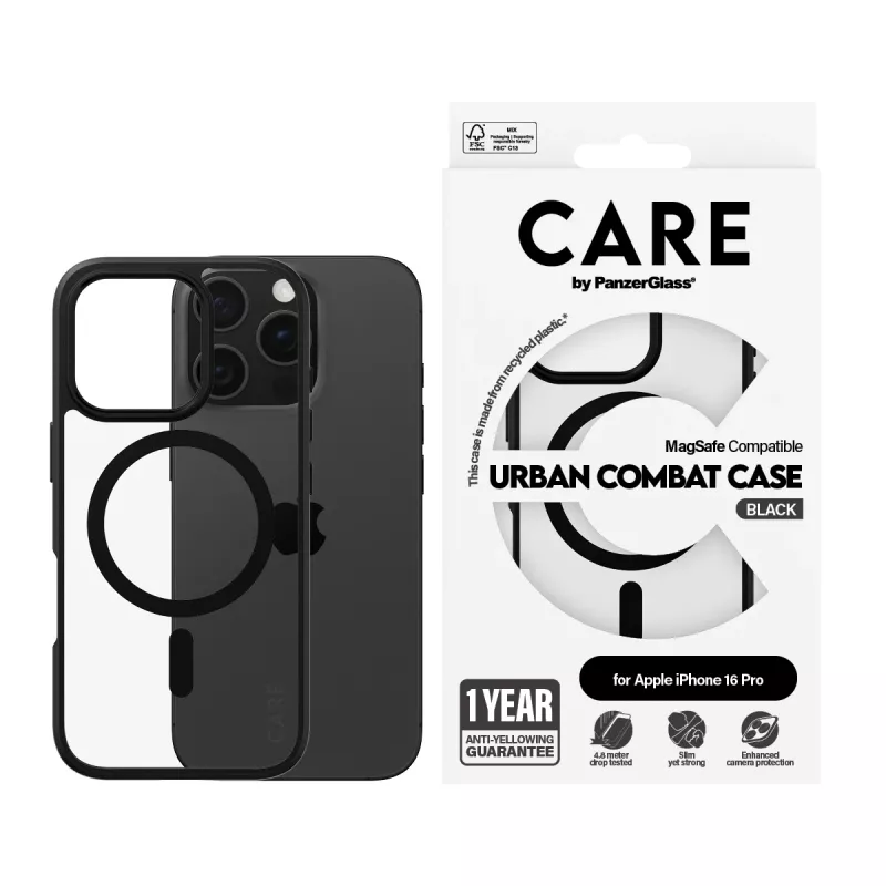 PanzerGlass CARE™ by ® Urban Combat Case Transparentny z Czarną Ramką i MagSafe do iPhone 16 Pro