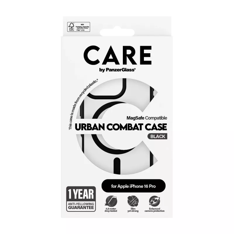 PanzerGlass CARE™ by ® Urban Combat Case Transparentny z Czarną Ramką i MagSafe do iPhone 16 Pro