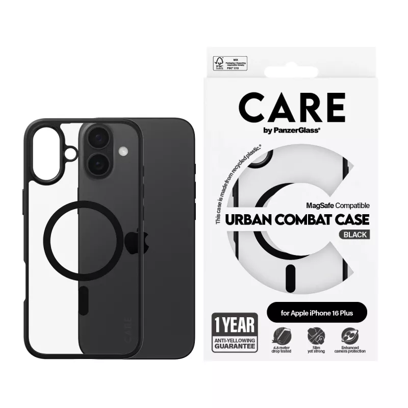 PanzerGlass CARE™ by ® Urban Combat Case Transparentny z czarną ramką i MagSafe do iPhone 16 Plus