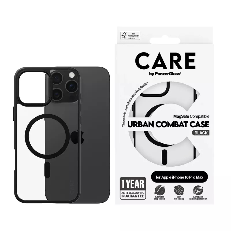 PanzerGlass CARE™ by ® Urban Combat Case Transparentny z czarną ramką i MagSafe do iPhone 16 Pro Max