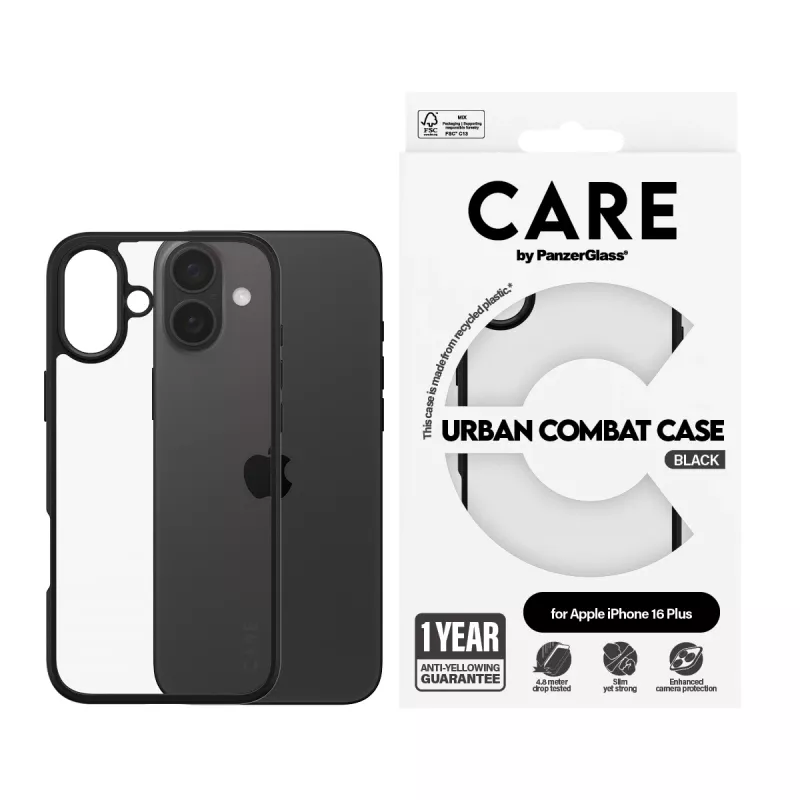 PanzerGlass CARE™ by ® Urban Combat Case przezroczyste z czarną ramką iPhone 16 Plus