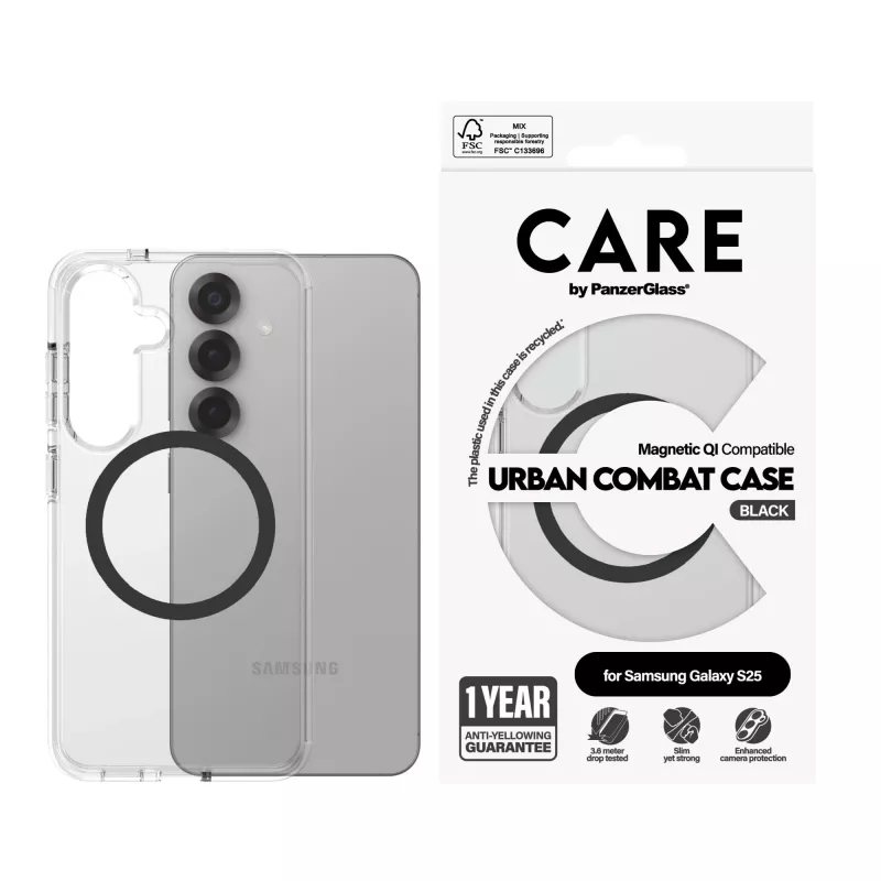 PanzerGlass CARE™ by ® Urban Combat etui przezroczyste z czarnym Qi kompatybilne Samsung Galaxy S25
