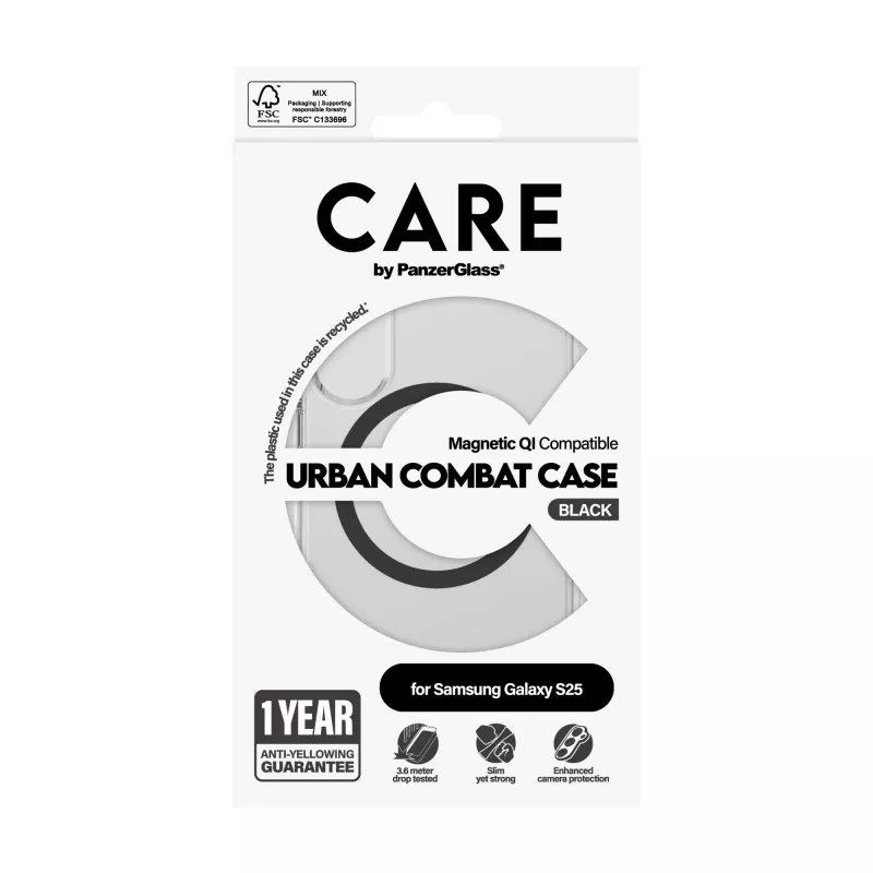 PanzerGlass CARE™ by ® Urban Combat etui przezroczyste z czarnym Qi kompatybilne Samsung Galaxy S25