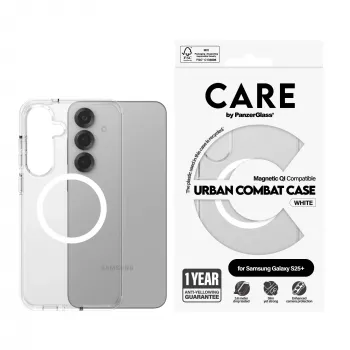 Etui PanzerGlass CARE™ by ® Urban Combat, przezroczyste, z białym, kompatybilne z Qi, Samsung Galaxy S25+
