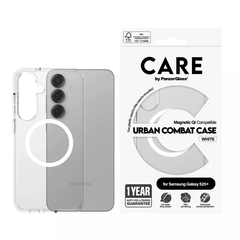 Etui PanzerGlass CARE™ by ® Urban Combat, przezroczyste, z białym, kompatybilne z Qi, Samsung Galaxy S25+