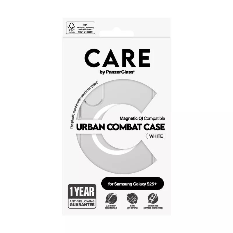 Etui PanzerGlass CARE™ by ® Urban Combat, przezroczyste, z białym, kompatybilne z Qi, Samsung Galaxy S25+