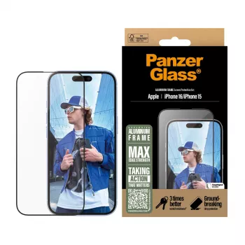 PanzerGlass ® Szkło ochronne z aluminiową ramką iPhone 16 | 15 | Ultra-Wide Fit