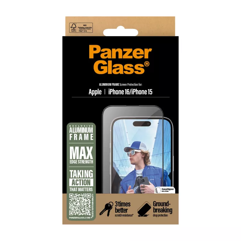 PanzerGlass ® Szkło ochronne z aluminiową ramką iPhone 16 | 15 | Ultra-Wide Fit