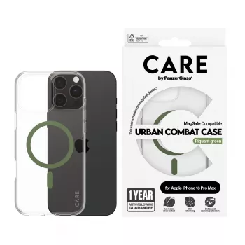 PanzerGlass CARE™ by ® Urban Combat Case Transparentny z Zielonym MagSafe iPhone 16 Pro Max