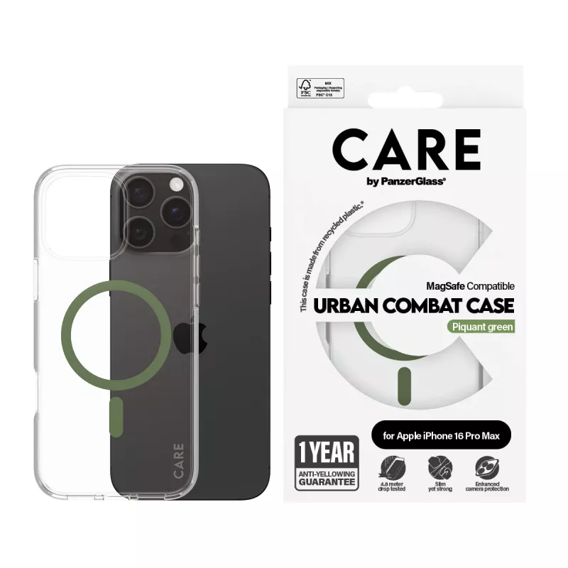 PanzerGlass CARE™ by ® Urban Combat Case Transparentny z Zielonym MagSafe iPhone 16 Pro Max