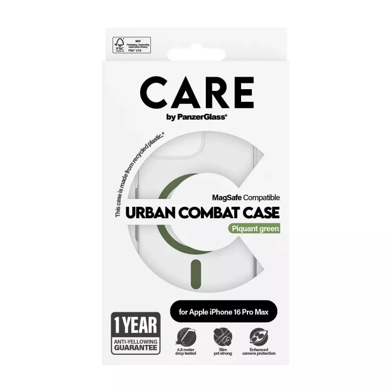 PanzerGlass CARE™ by ® Urban Combat Case Transparentny z Zielonym MagSafe iPhone 16 Pro Max