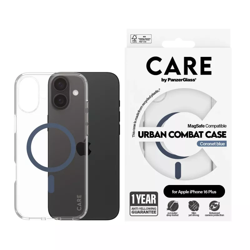 PanzerGlass CARE™ by ® Urban Combat Case przezroczysty z niebieskim MagSafe iPhone 16 Plus