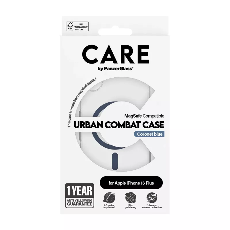PanzerGlass CARE™ by ® Urban Combat Case przezroczysty z niebieskim MagSafe iPhone 16 Plus