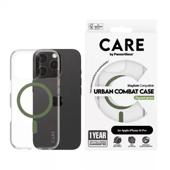 PanzerGlass CARE™ by ® Urban Combat etui przezroczyste z zielonym MagSafe iPhone 16 Pro