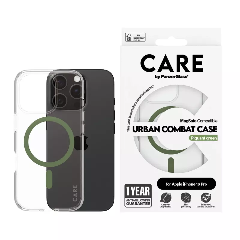 PanzerGlass CARE™ by ® Urban Combat etui przezroczyste z zielonym MagSafe iPhone 16 Pro