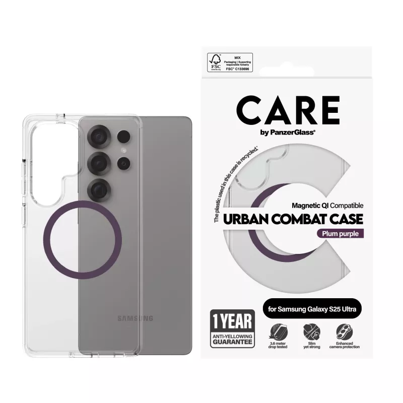 PanzerGlass CARE™ by ® Urban Combat Case przezroczyste z śliwkowym fioletem kompatybilne z Qi Samsung Galaxy S25 Ultra