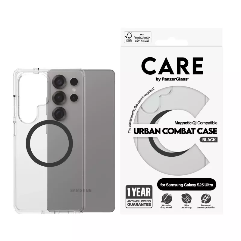 PanzerGlass CARE™ by ® Urban Combat etui, przezroczyste, z czarnym Qi, kompatybilne, Samsung Galaxy S25 Ultra