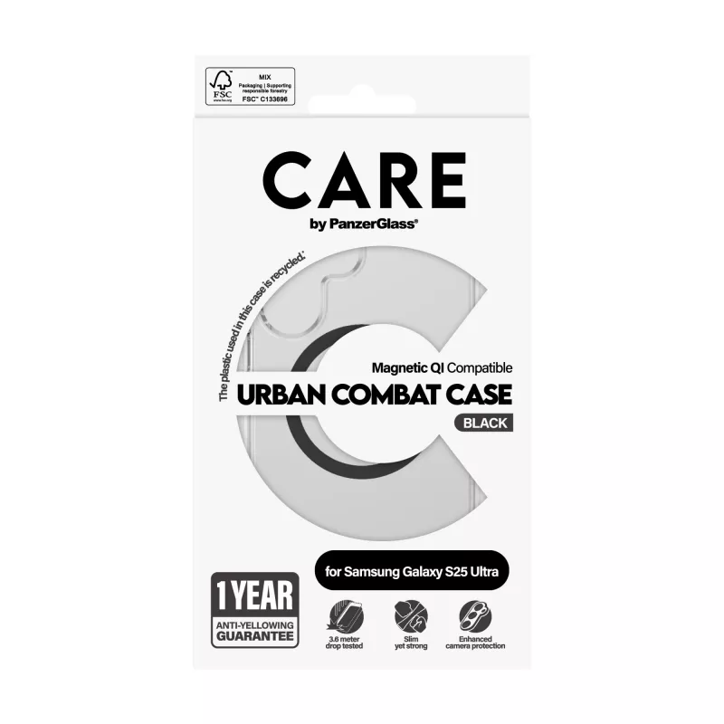 PanzerGlass CARE™ by ® Urban Combat etui, przezroczyste, z czarnym Qi, kompatybilne, Samsung Galaxy S25 Ultra
