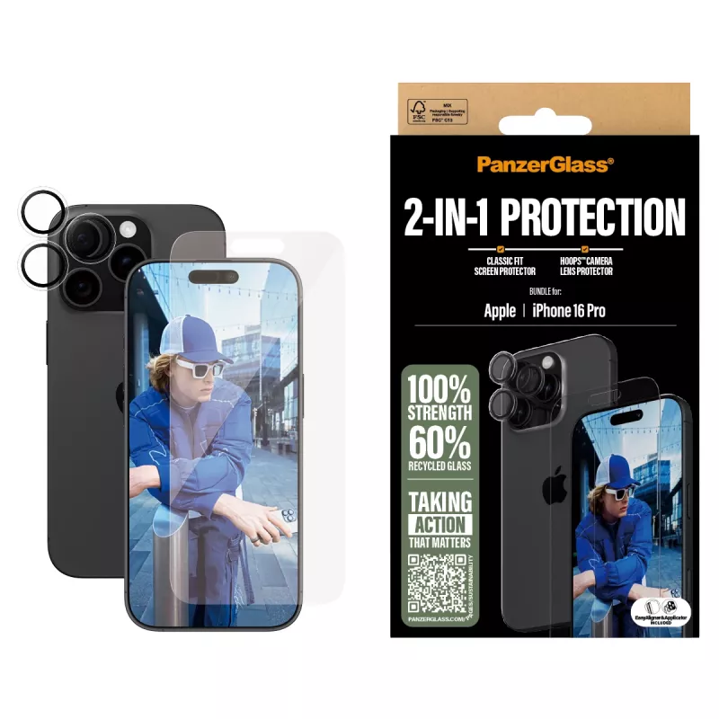 PanzerGlass ® 2-in-1 Bundle iPhone 16 Pro, Apple, Apple - iPhone 16 Pro, Nakładanie na sucho, Odporny na zarysowania, Odporny na wstrząsy, Transparentny, 1 szt.