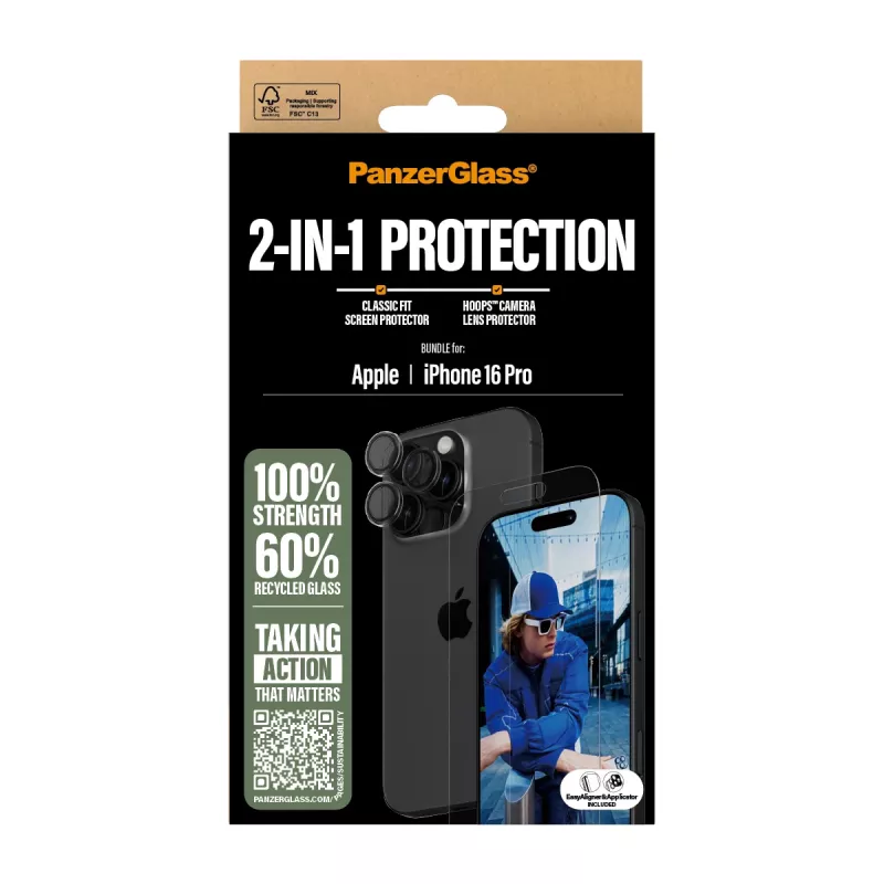 PanzerGlass ® 2-in-1 Bundle iPhone 16 Pro, Apple, Apple - iPhone 16 Pro, Nakładanie na sucho, Odporny na zarysowania, Odporny na wstrząsy, Transparentny, 1 szt.