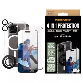 PanzerGlass ® 4-in-1 Protection Bundle iPhone 16 Pro Max, Apple, Apple - iPhone 16 Pro Max, Aplikacja na sucho, Odporny na zarysowania, Odporny na wstrząsy, Transparentny, 1 szt.