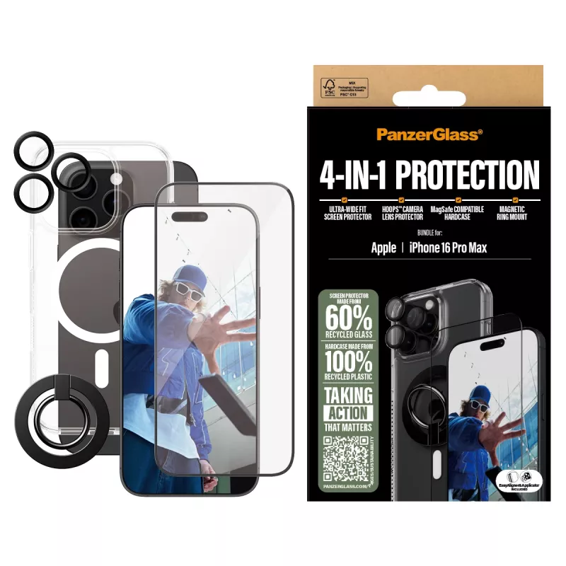 PanzerGlass ® 4-in-1 Protection Bundle iPhone 16 Pro Max, Apple, Apple - iPhone 16 Pro Max, Aplikacja na sucho, Odporny na zarysowania, Odporny na wstrząsy, Transparentny, 1 szt.