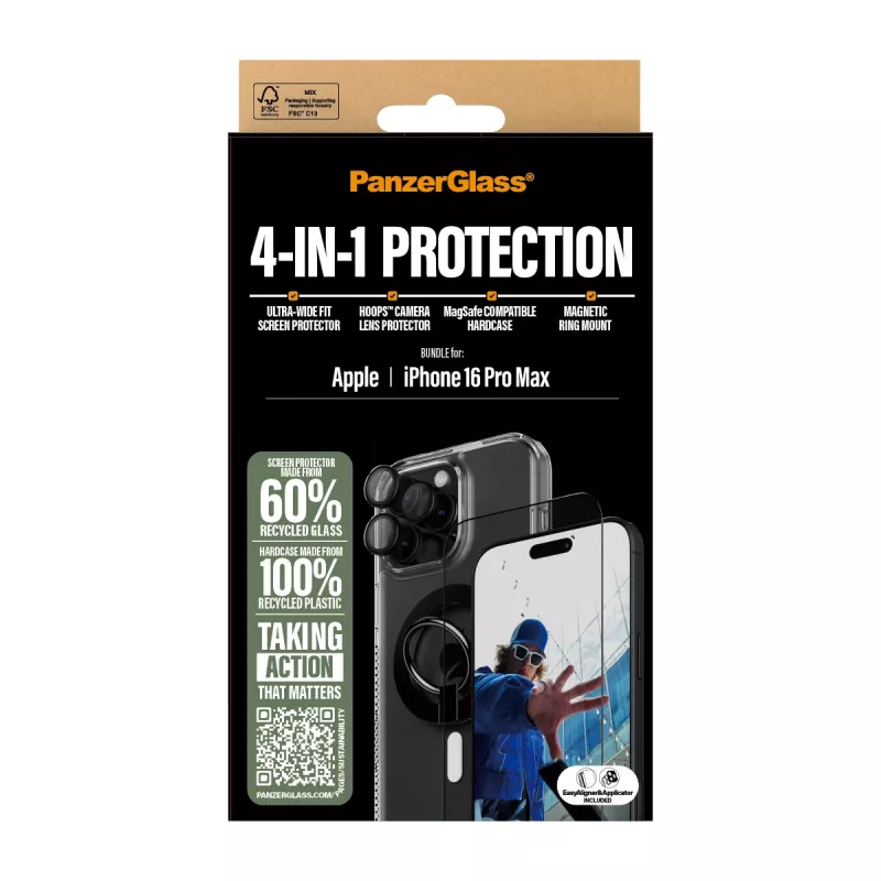 PanzerGlass ® 4-in-1 Protection Bundle iPhone 16 Pro Max, Apple, Apple - iPhone 16 Pro Max, Aplikacja na sucho, Odporny na zarysowania, Odporny na wstrząsy, Transparentny, 1 szt.